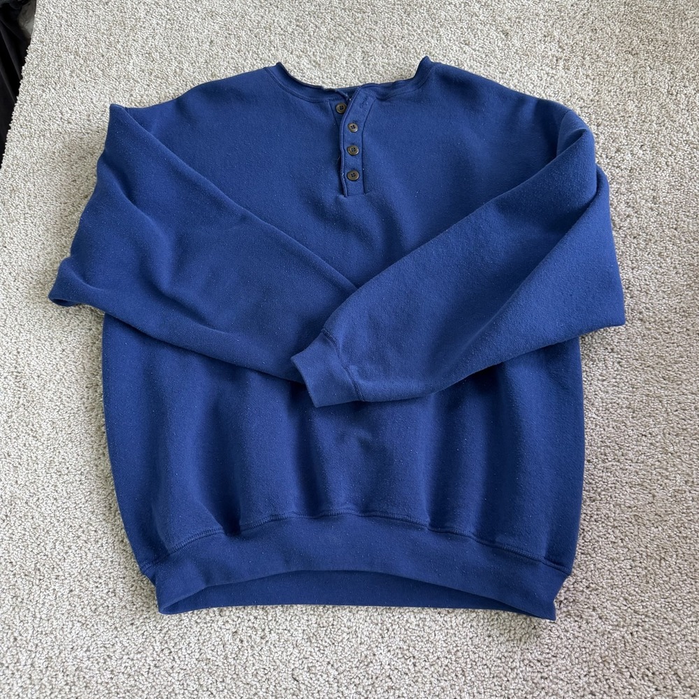 Vintage Tultex Sweatshirt Mens XL Blue Fleece Henley Button Pullover Crewneck